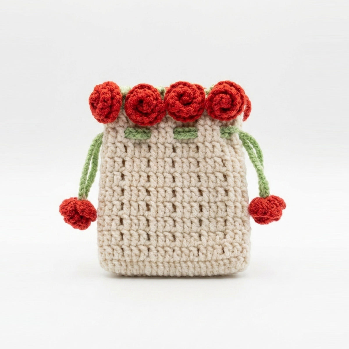 Crochet Rose Drawstring Bag, Handmade Knit Flower Pouch Mini Coin Purse, Cute Earbud Case and Makeup Organizer Holder, Floral Gift Bag for Women Girls