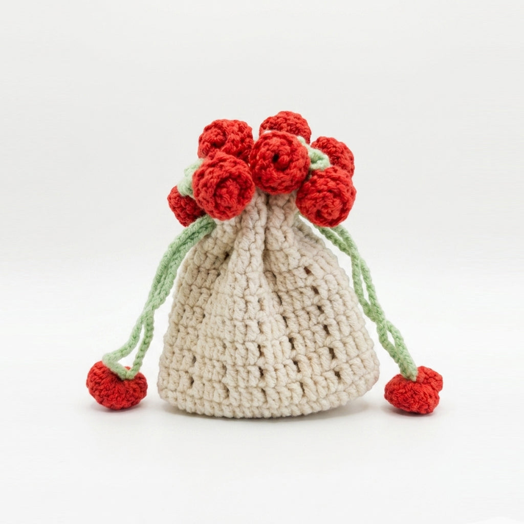 Crochet Rose Drawstring Bag, Handmade Knit Flower Pouch Mini Coin Purse, Cute Earbud Case and Makeup Organizer Holder, Floral Gift Bag for Women Girls