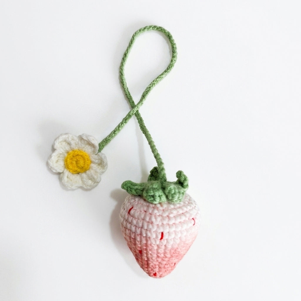Hand-Knitted Crochet Keychain - Textured Fabric Bag Accessory for Keys & Backpacks, Functional Daily Organizer(Pink Strawberry)