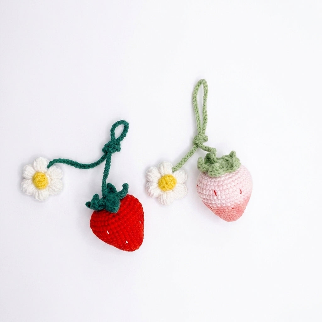 Hand-Knitted Crochet Keychain - Textured Fabric Bag Accessory for Keys & Backpacks, Functional Daily Organizer(Pink Strawberry)