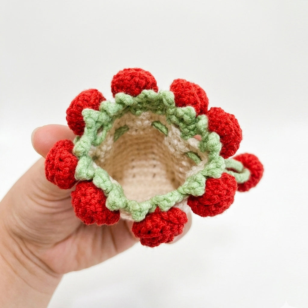 Crochet Rose Drawstring Bag, Handmade Knit Flower Pouch Mini Coin Purse, Cute Earbud Case and Makeup Organizer Holder, Floral Gift Bag for Women Girls