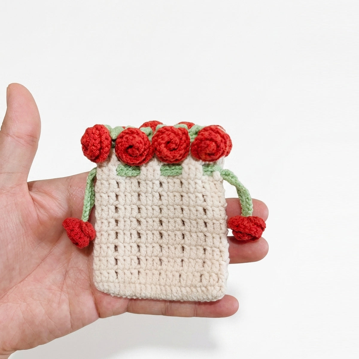 Crochet Rose Drawstring Bag, Handmade Knit Flower Pouch Mini Coin Purse, Cute Earbud Case and Makeup Organizer Holder, Floral Gift Bag for Women Girls