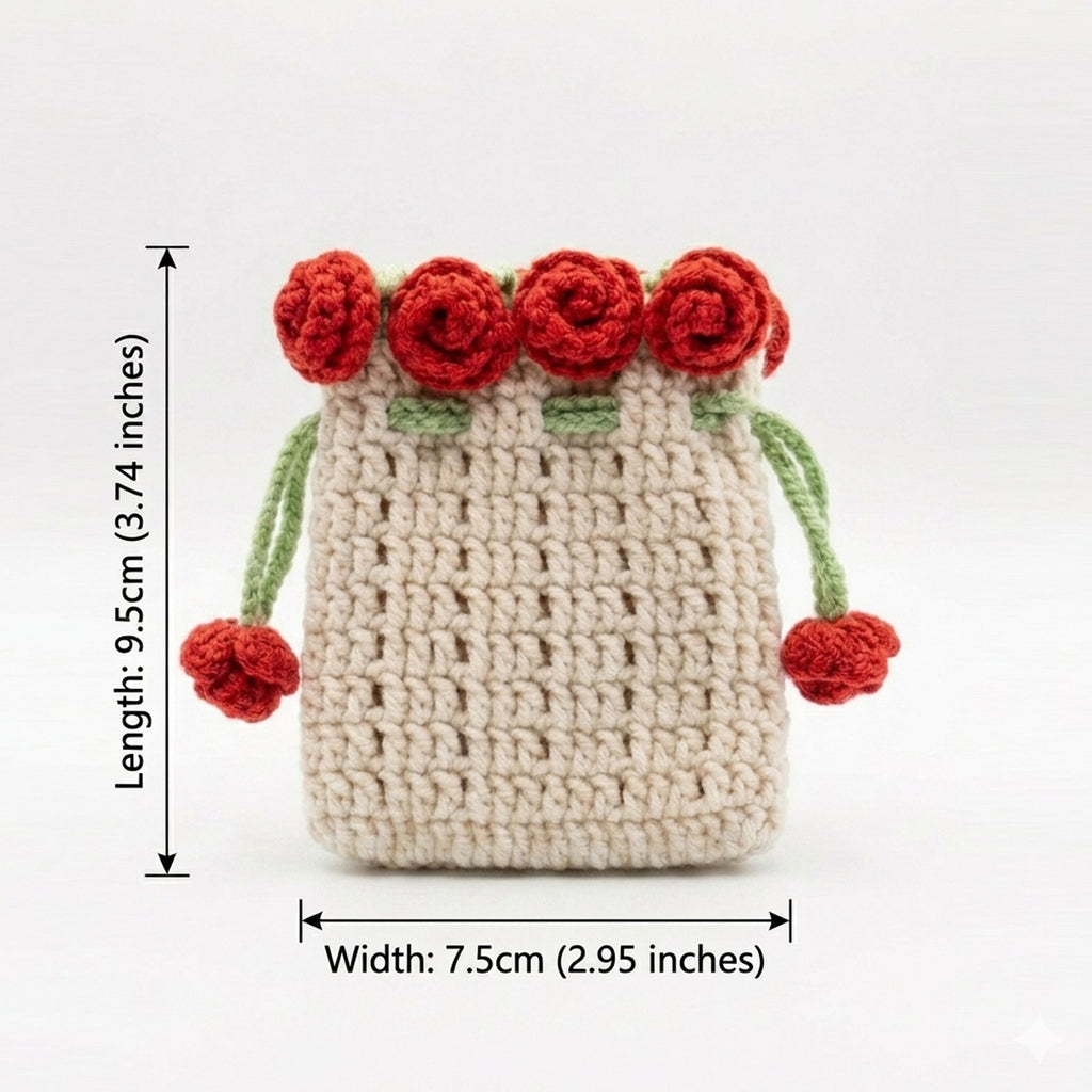 Crochet Rose Drawstring Bag, Handmade Knit Flower Pouch Mini Coin Purse, Cute Earbud Case and Makeup Organizer Holder, Floral Gift Bag for Women Girls