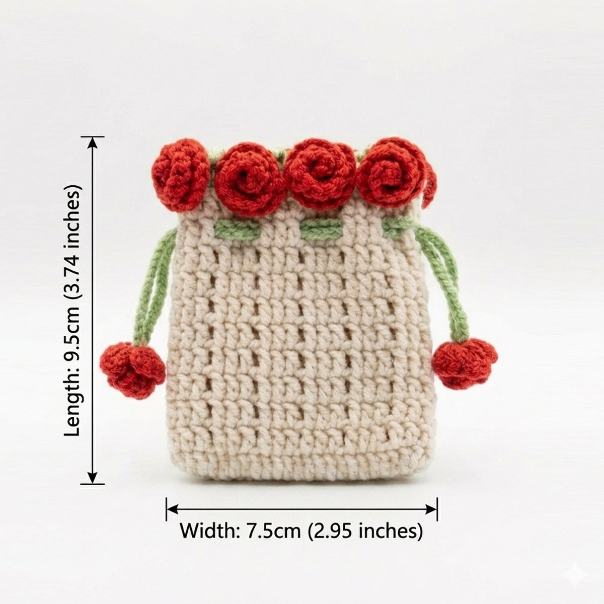 Crochet Rose Drawstring Bag, Handmade Knit Flower Pouch Mini Coin Purse, Cute Earbud Case and Makeup Organizer Holder, Floral Gift Bag for Women Girls