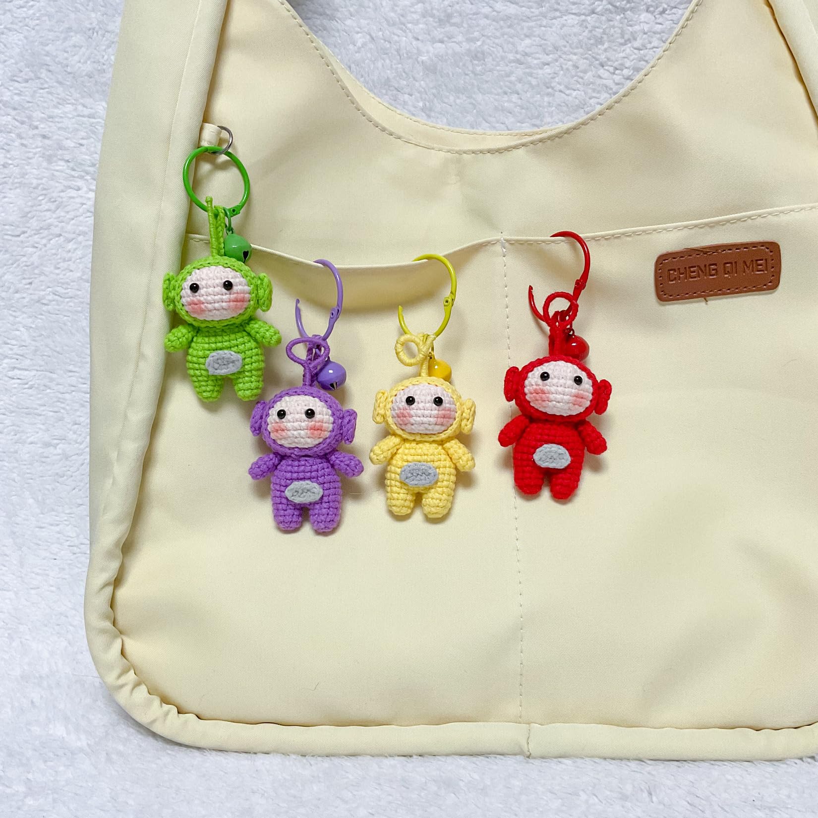 Hand-Knitted Crochet Keychain - Textured Fabric Bag Accessory for Keys & Backpacks, Functional Daily Organizer(Teletubbies)