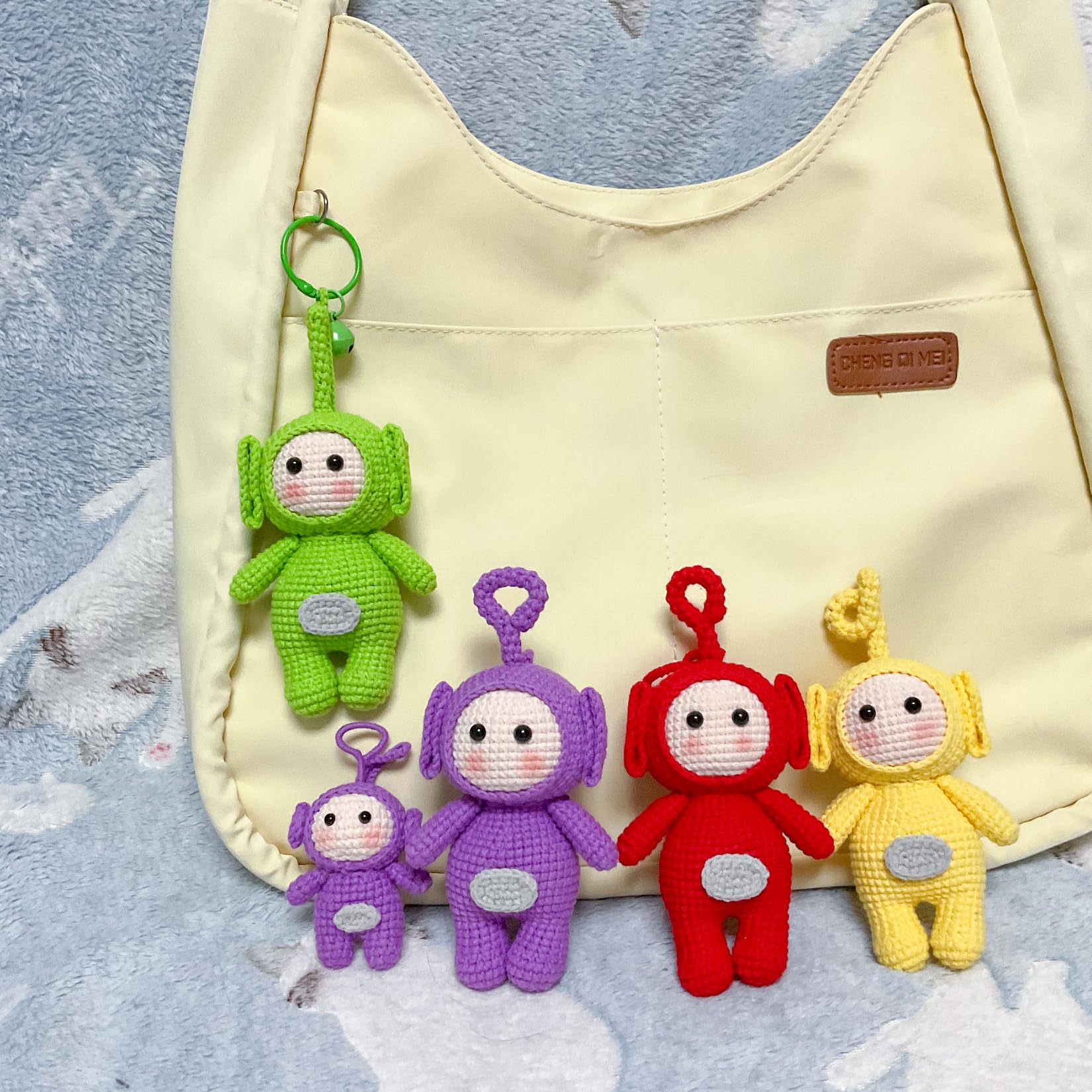 Hand-Knitted Crochet Keychain - Textured Fabric Bag Accessory for Keys & Backpacks, Functional Daily Organizer(Teletubbies)