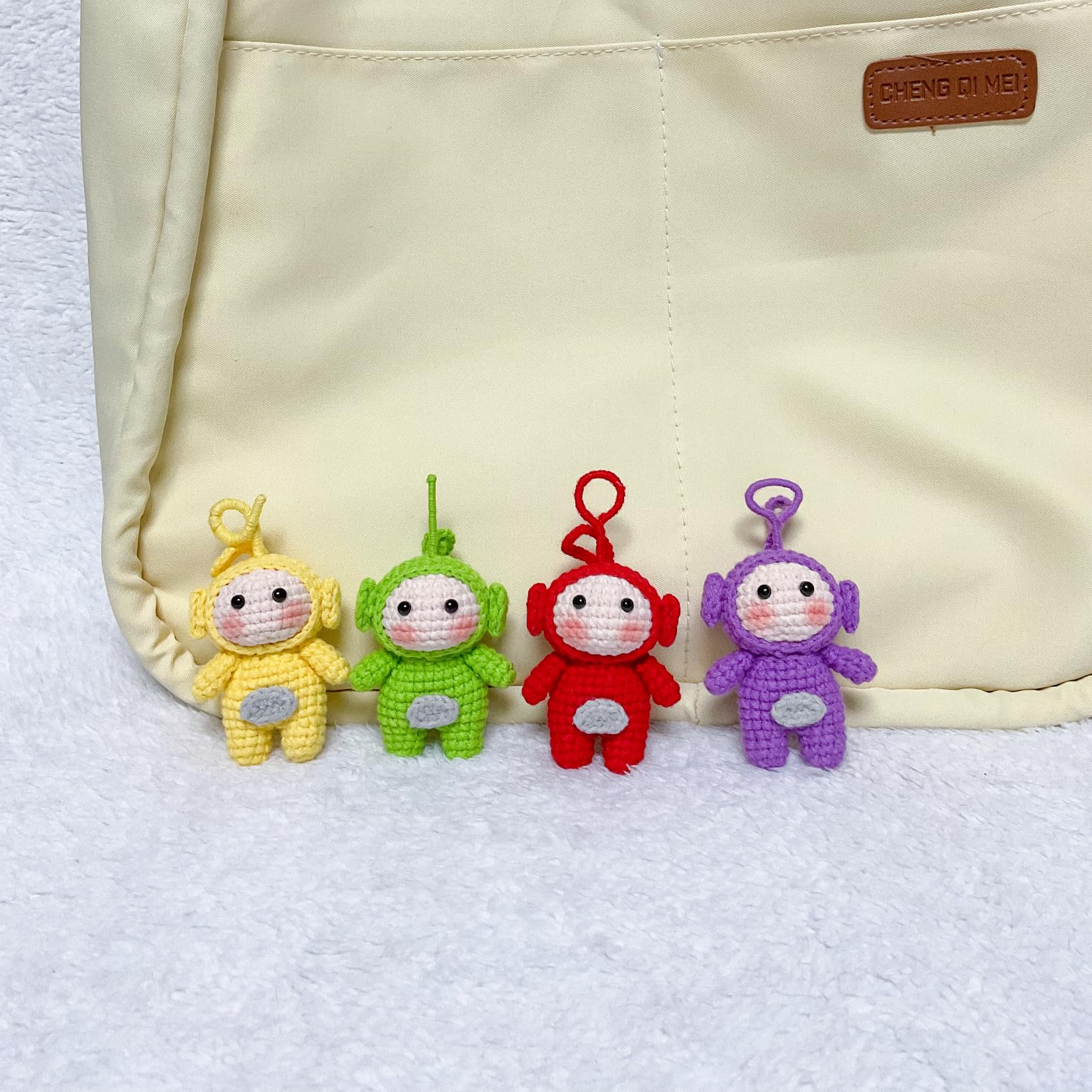 Hand-Knitted Crochet Keychain - Textured Fabric Bag Accessory for Keys & Backpacks, Functional Daily Organizer(Teletubbies)